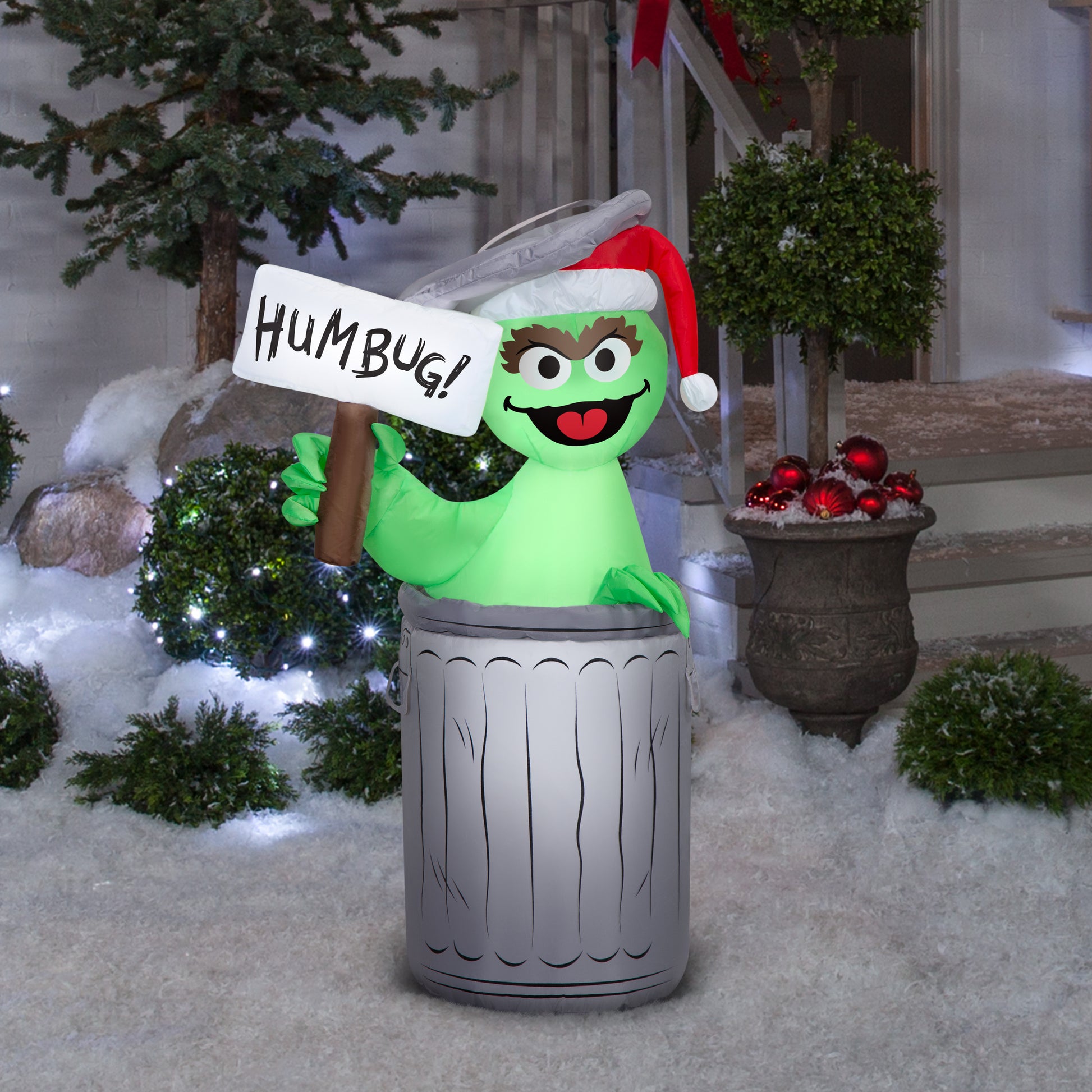3.5-Ft Sesame Street Oscar the Grouch with Hum Bug Sign Christmas Inflatable lifestyle