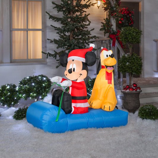 Christmas Inflatable Inflatable Mickey Mouse and Pluto Sledding Scene, 4.5 ft Tall lifestyle