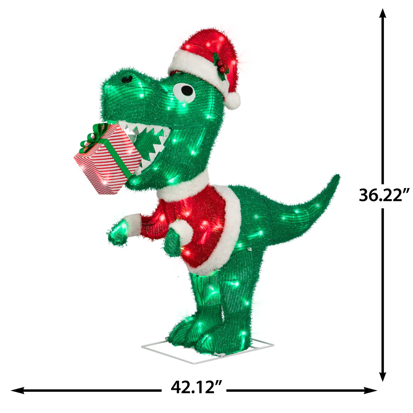 Dinosaur in Santa Suit Tinsel Decoration, 36-Inch, Pre-Lit LED Christmas Décor dimensions