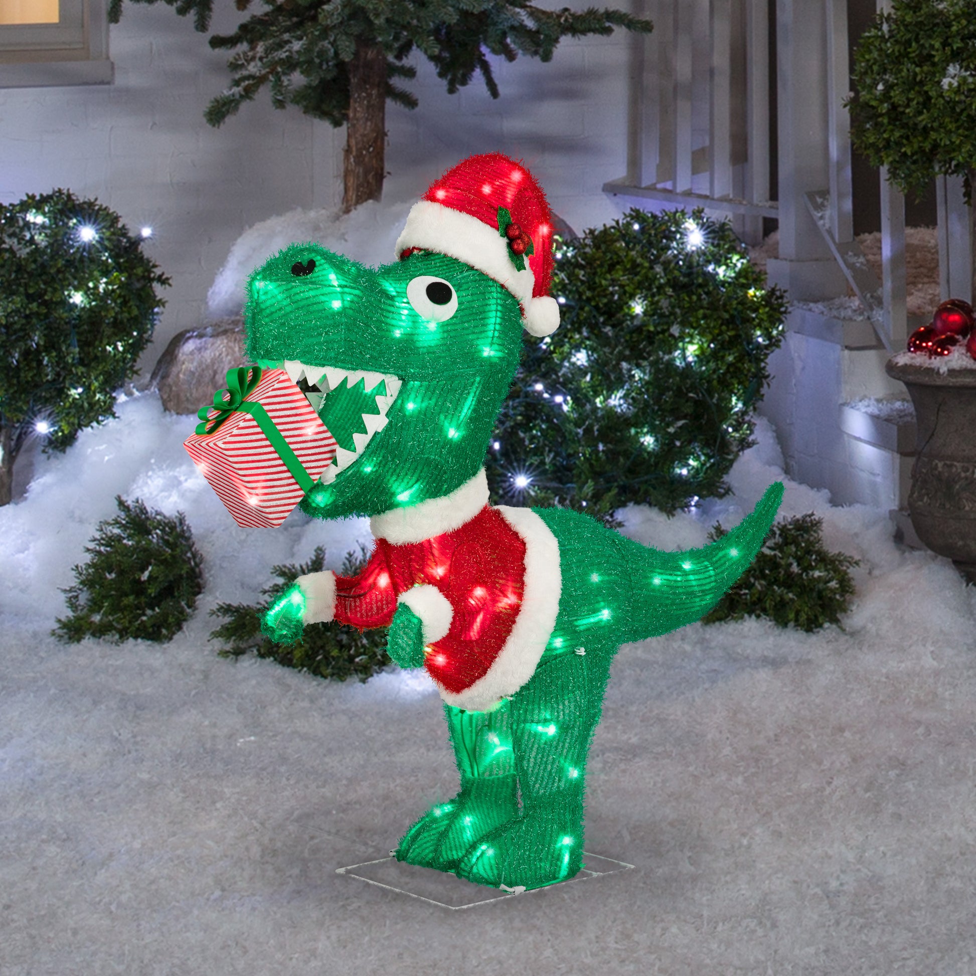 Dinosaur in Santa Suit Tinsel Decoration, 36-Inch, Pre-Lit LED Christmas Décor lifestyle