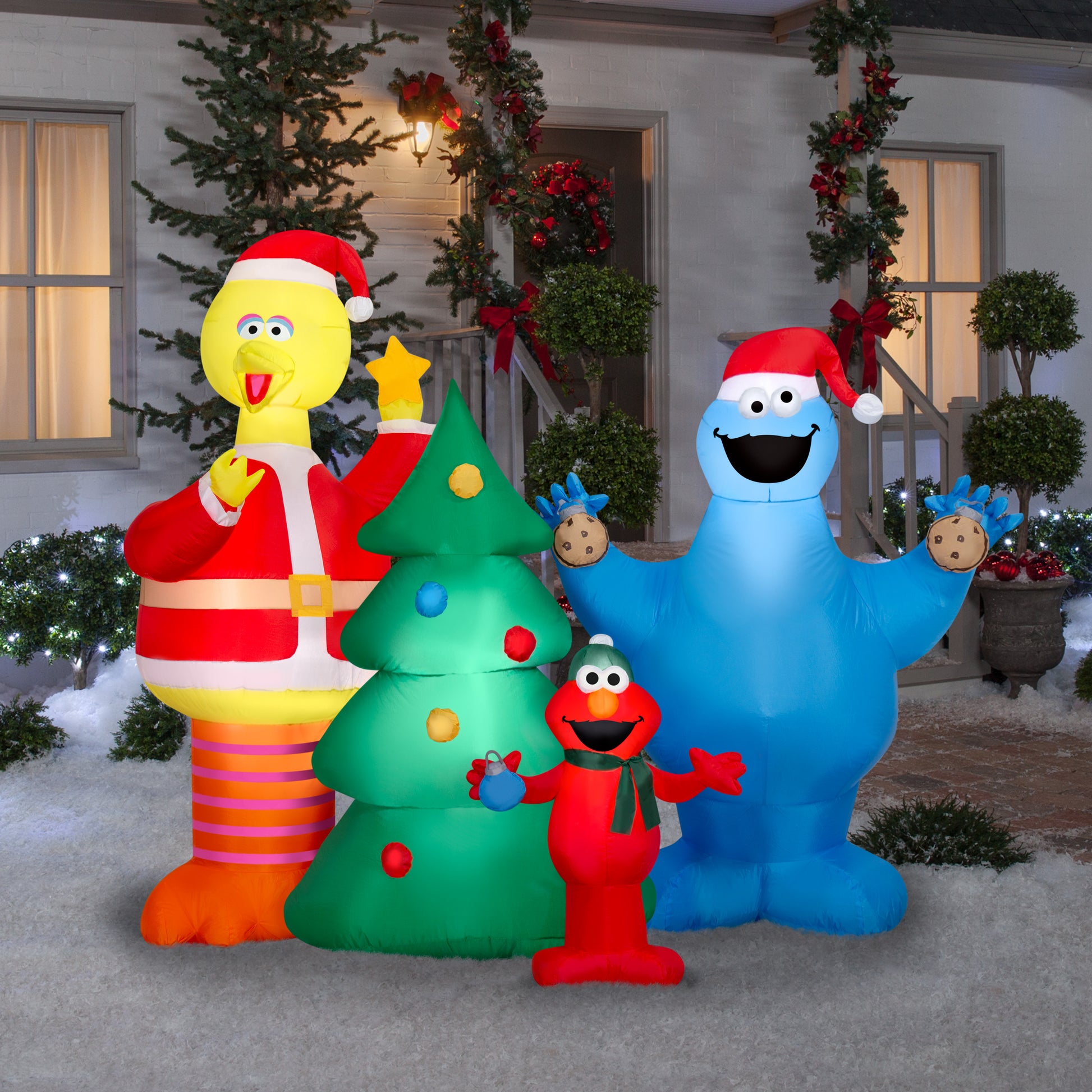 5.5-Ft Sesame Street Elmo, Big Bird and Cookie Monster Scene Christmas Inflatable lifestyle