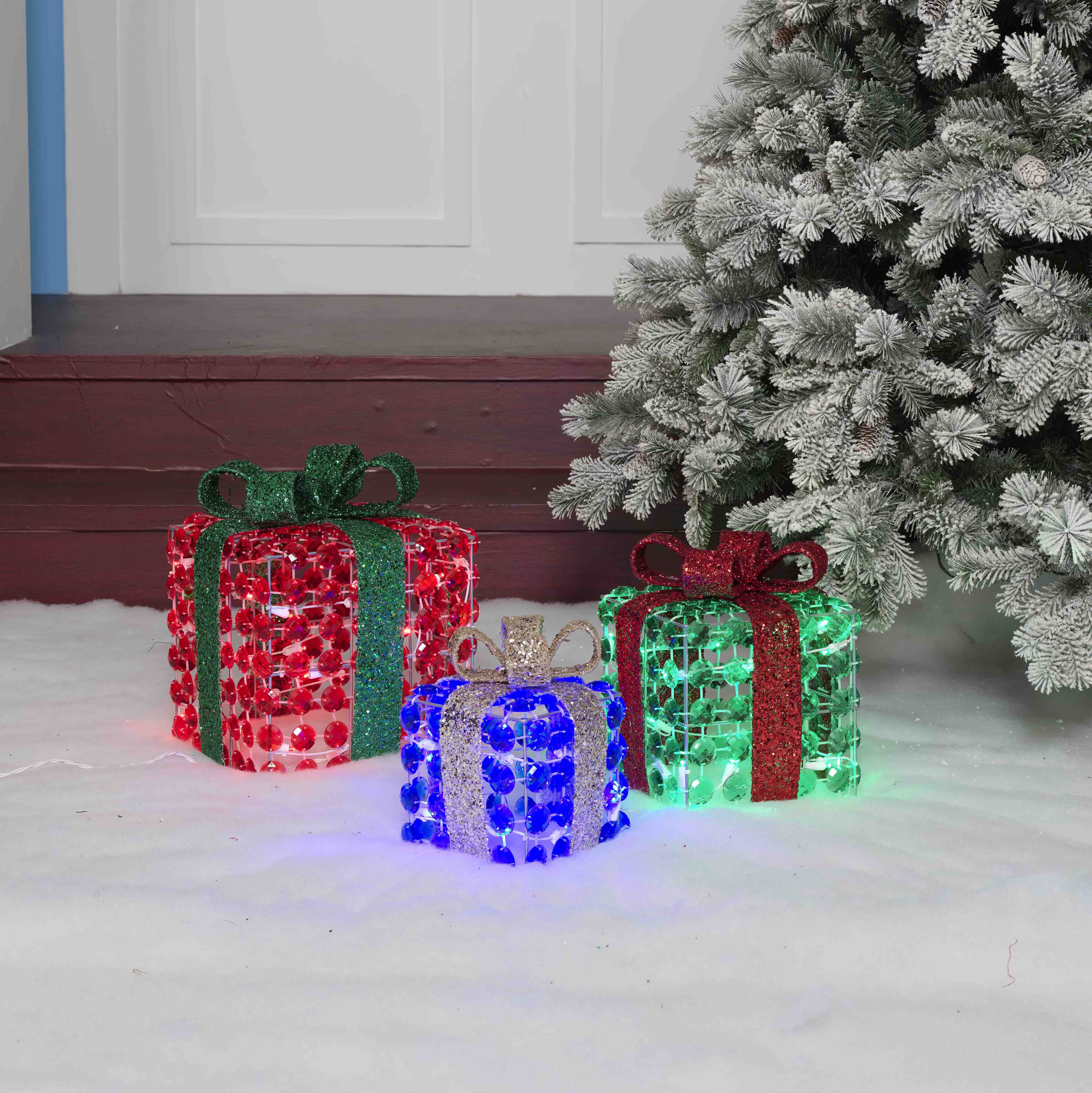 Everstar Set Of 3  Random Twinkle Led Diamond Beads Gift Box Sculpture, Red