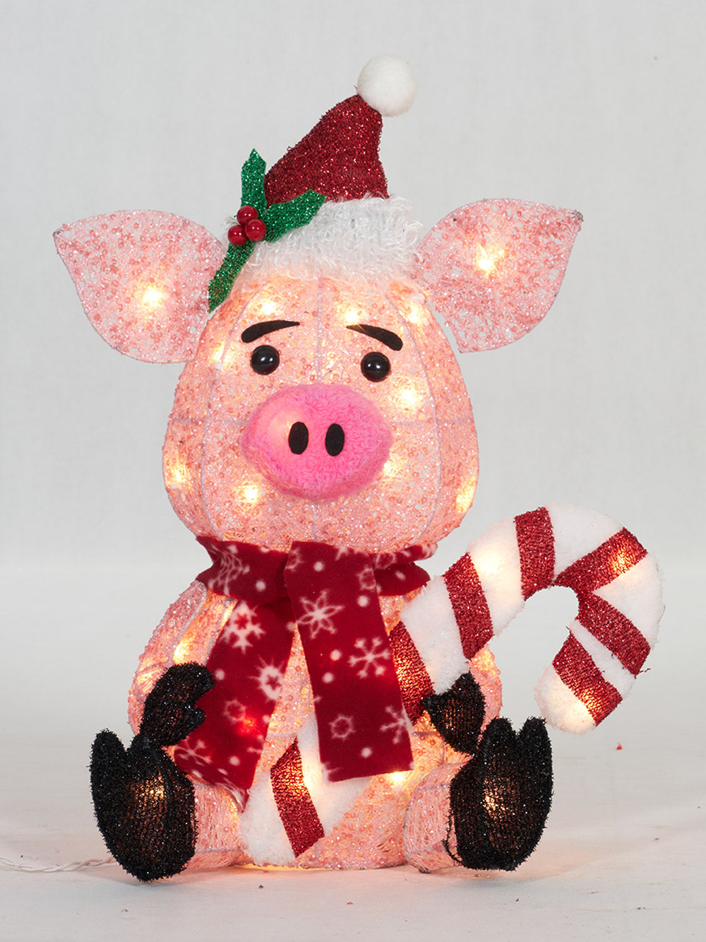 20-Inch Glittering Thread Pig With Candy Cane Sculpture Christmas Décor