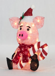 20" UL Glittering Thread Pig With Candy Cane Sculpture
