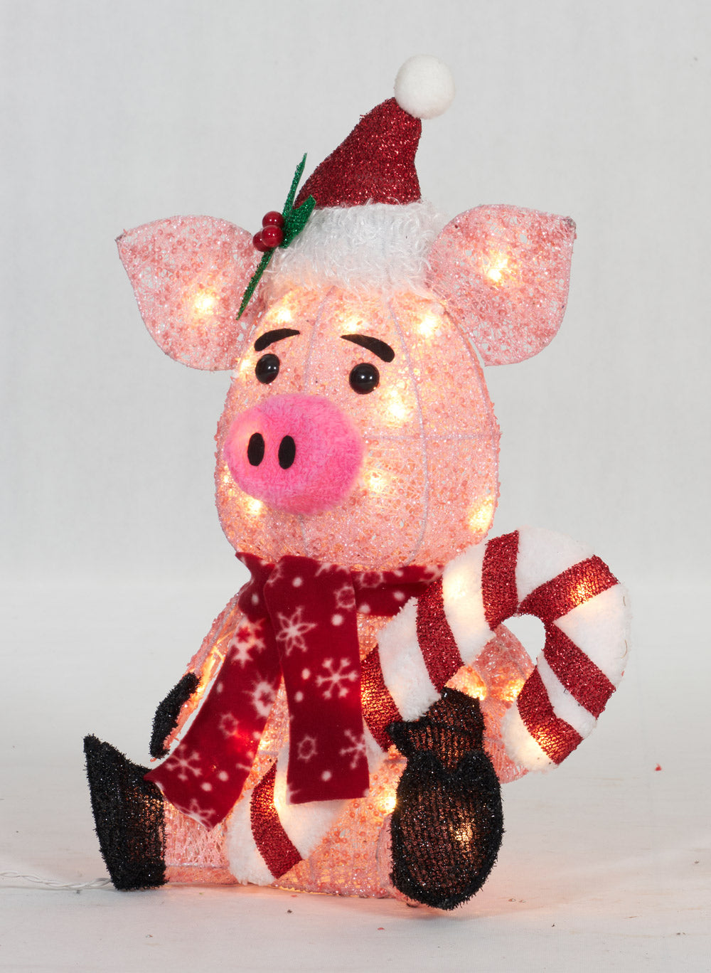20-Inch Glittering Thread Pig With Candy Cane Sculpture Christmas Décor image 2