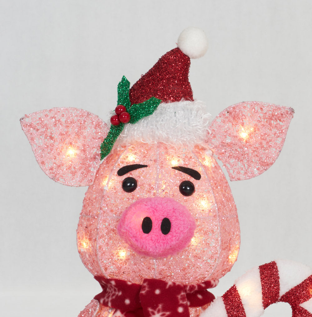 20-Inch Glittering Thread Pig With Candy Cane Sculpture Christmas Décor image 5
