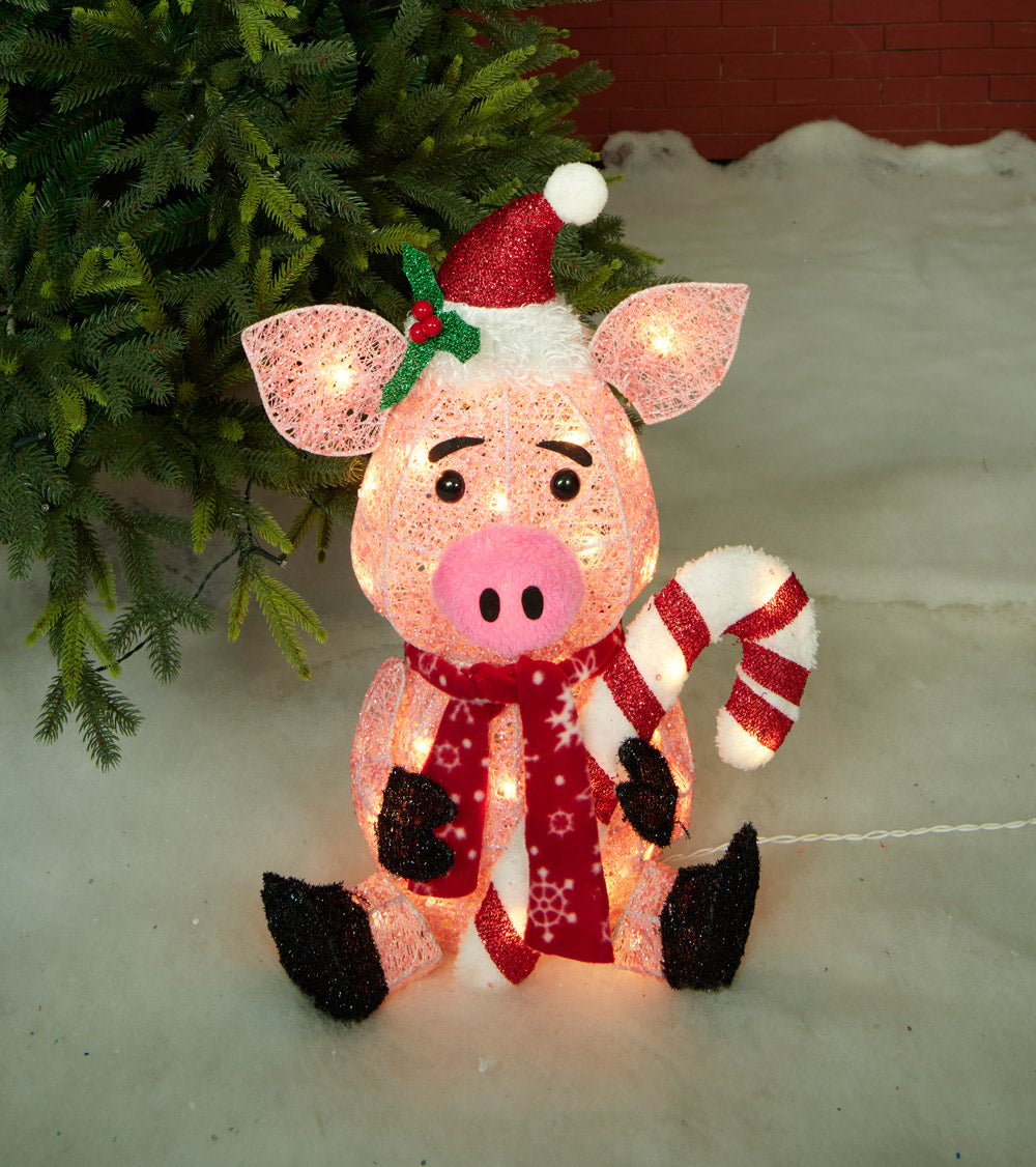 20-Inch Glittering Thread Pig With Candy Cane Sculpture Christmas Décor image 6