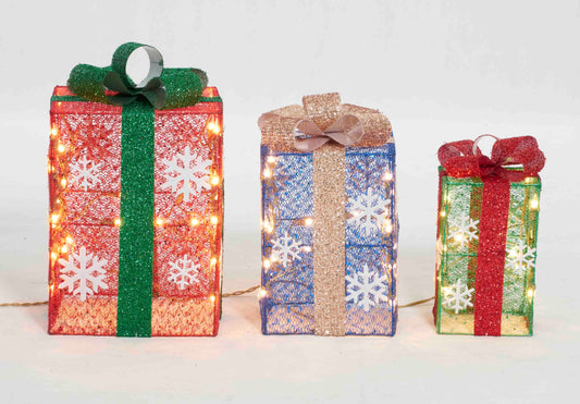 Set of 3 Multi Gift Box Sculpture Christmas Décor