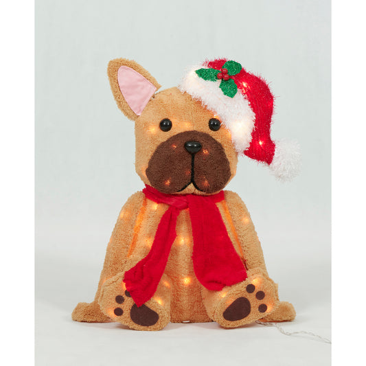 22-Inch Plush Sitting Bulldog With Hat Sculpture Christmas Décor