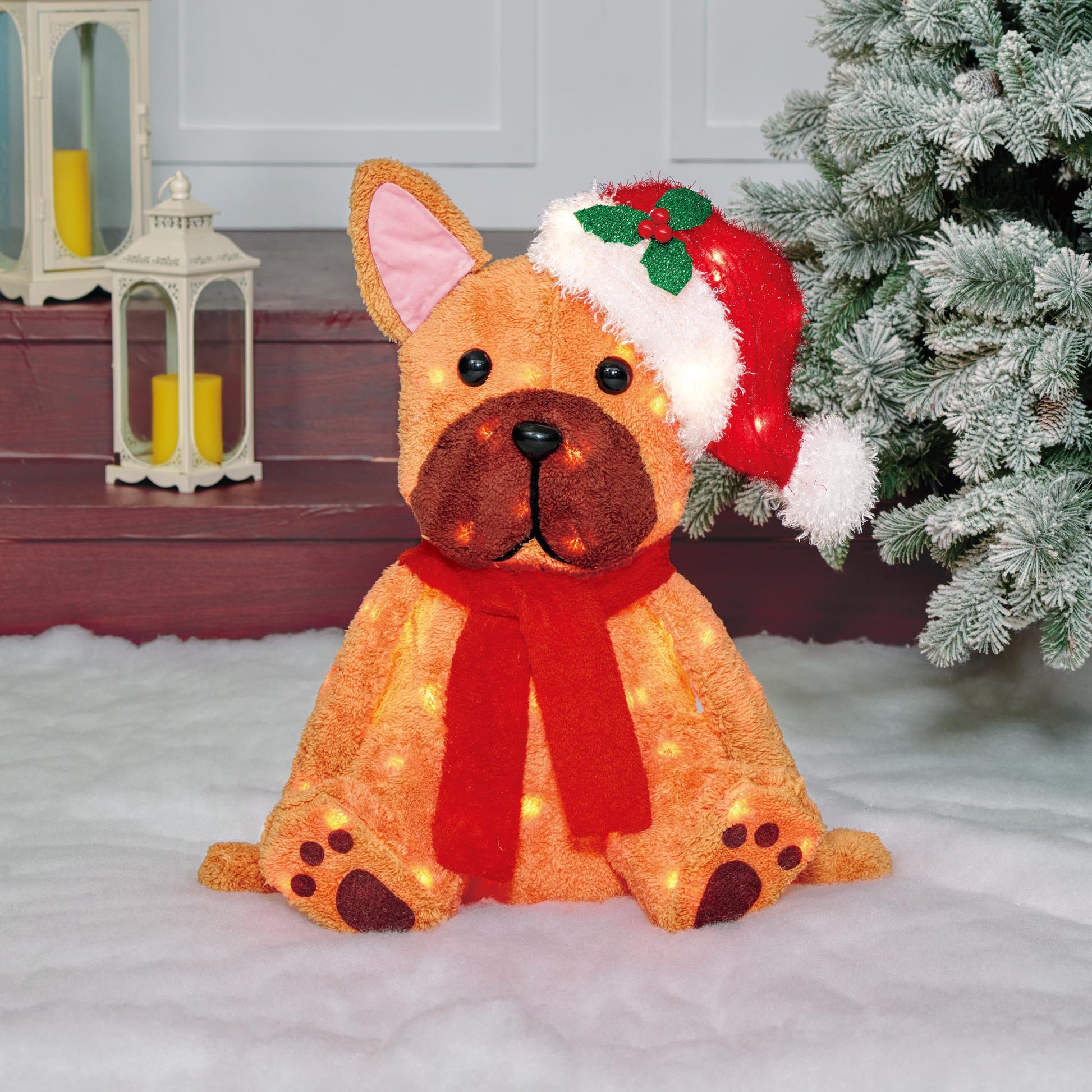 22-Inch Plush Sitting Bulldog With Hat Sculpture Christmas Décor image 2