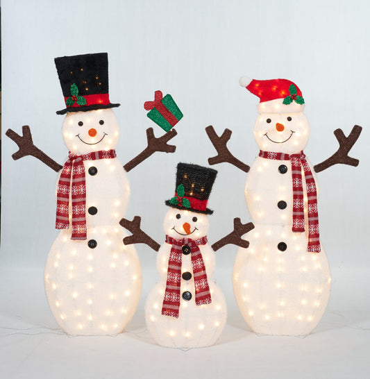 Set of 3 Fluffy Snowman Family Sculpture Christmas Décor
