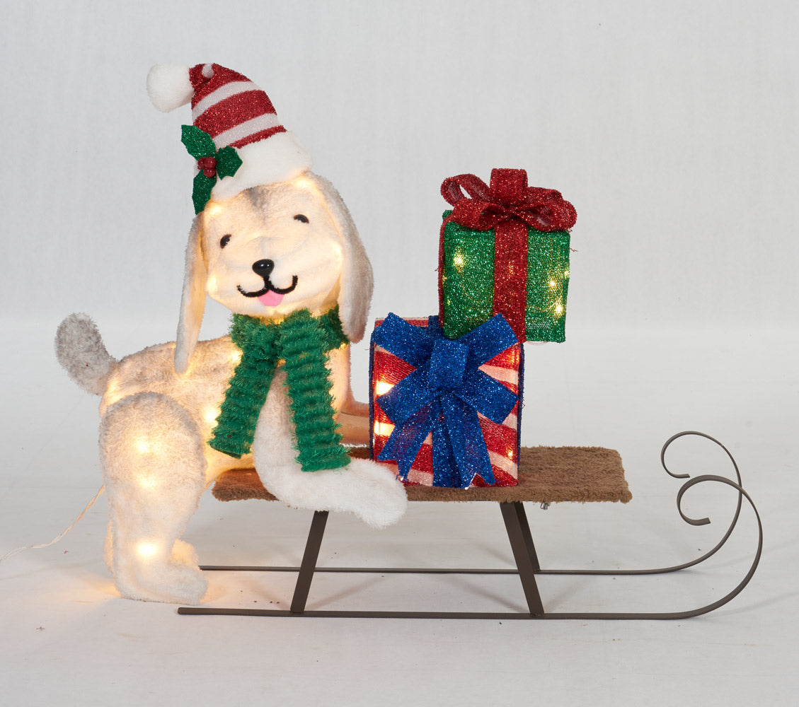 31-1/2-Inch Plush Dog And Sleigh Sculpture Christmas Décor