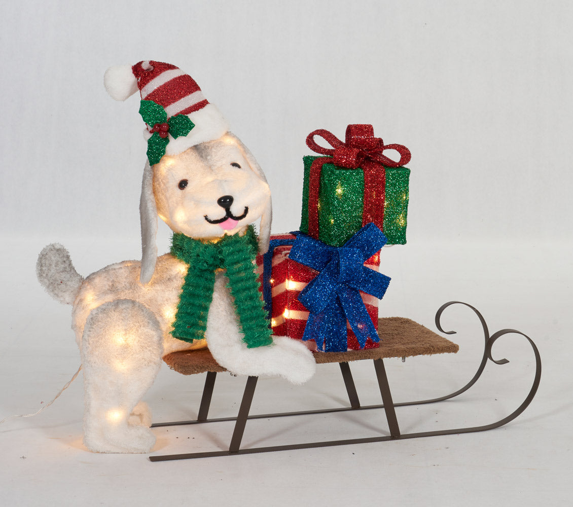 31-1/2" UL Plush Dog And Sleigh Sculpture