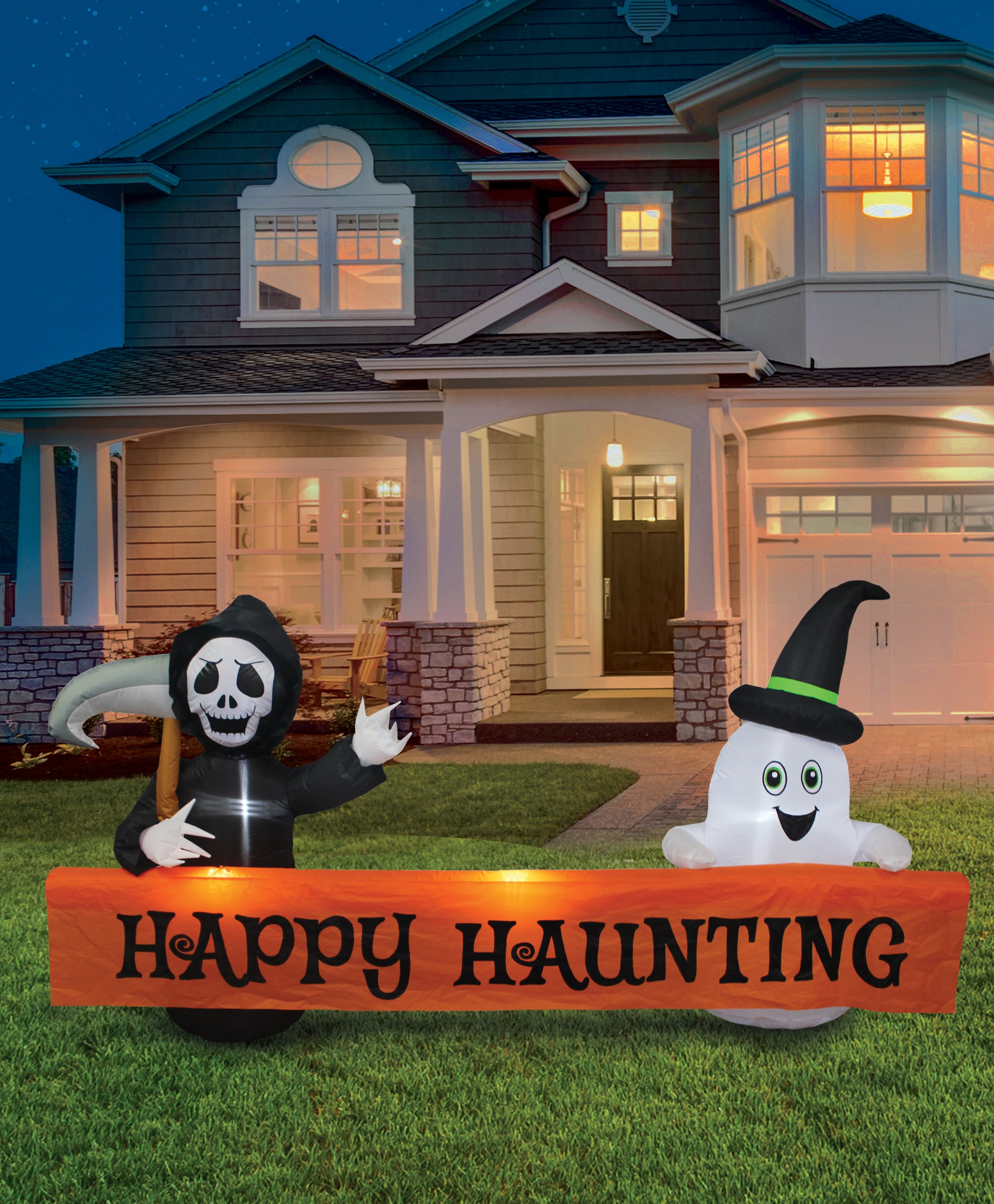 A Holiday Company 8ft Inflatable Happy Haunting Banner, 4 ft Tall, Multi