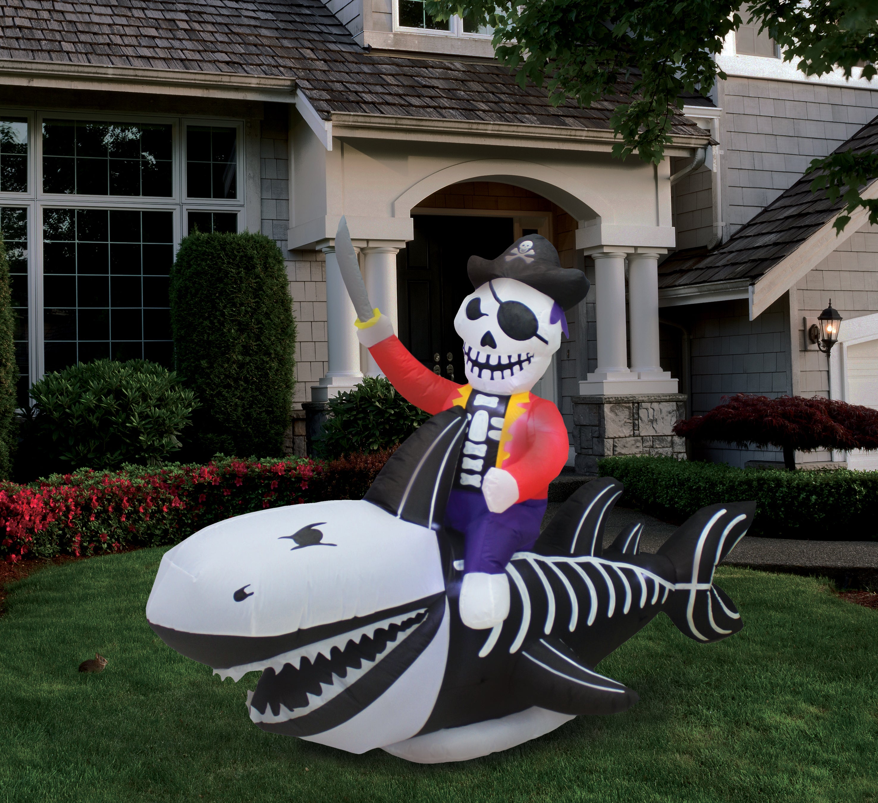 A Holiday Company 8ft Inflatable Skeleton Shark and Pirate, 5 ft Tall, Multi