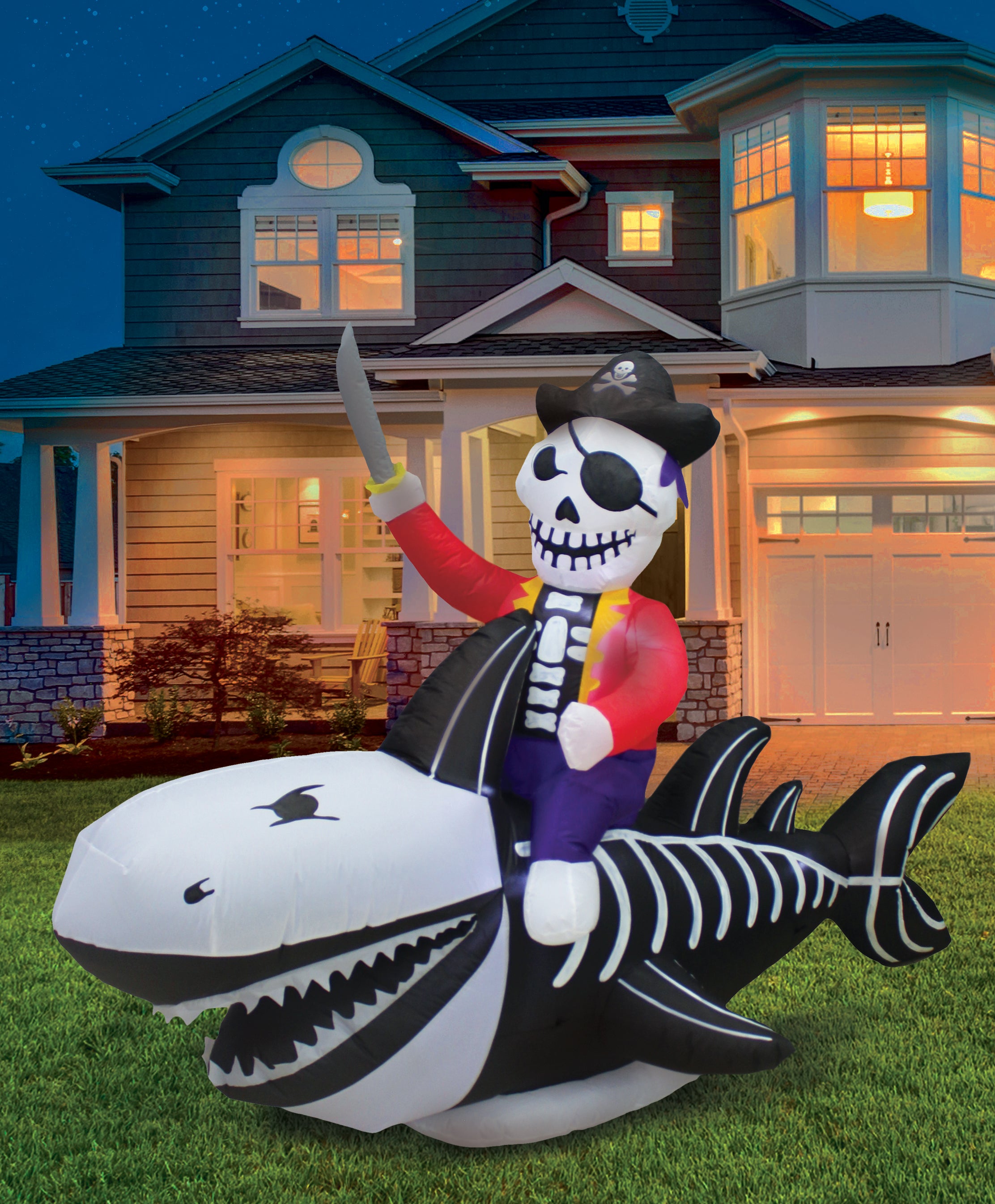 A Holiday Company 8ft Inflatable Skeleton Shark and Pirate, 5 ft Tall, Multi
