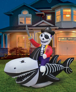 A Holiday Company 8ft Inflatable Skeleton Shark and Pirate, 5 ft Tall, Multi