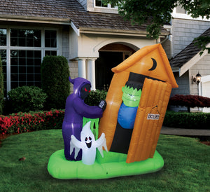 A Holiday Company 6ft Inflatable Animated Monster Outhouse Scene, 6.5 ft Tall, Multi