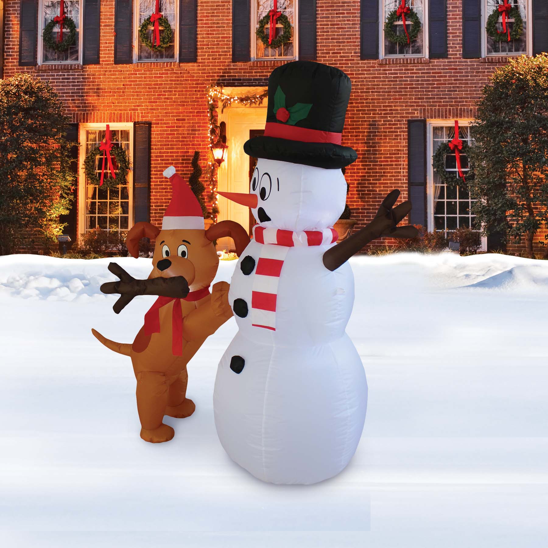 A Holiday Company 6ft Tall Animated Puppy and Snowman Scene, 5 ft Tall, Multi