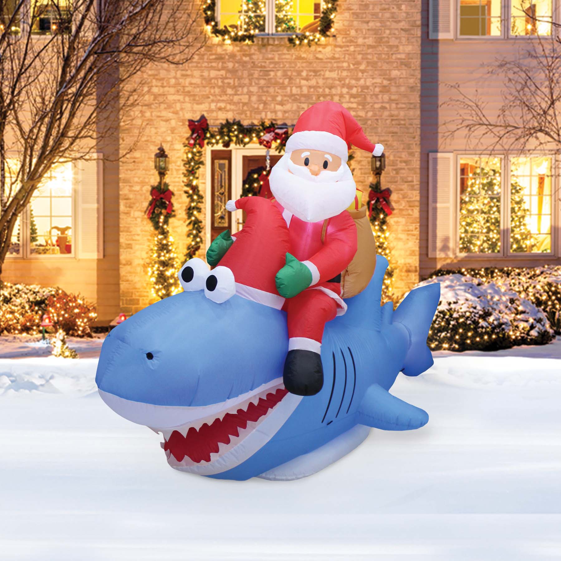 A Holiday Company 9ft Wide Santa on Shark, 5 ft Tall, Multi