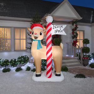 Gemmy Airblown Inflatable Rudolph the Red Nosed Reindeer with North Pole Sign, 7.5 ft Tall