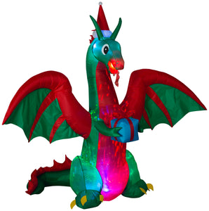 8' Projection Airblown Kaleidoscope Dragon w/ Flaming Mouth and Present Christmas Inflatable