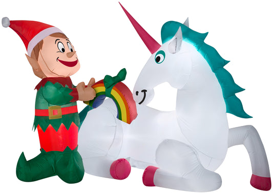 7' Unicorn and Elf Scene Christmas Inflatable