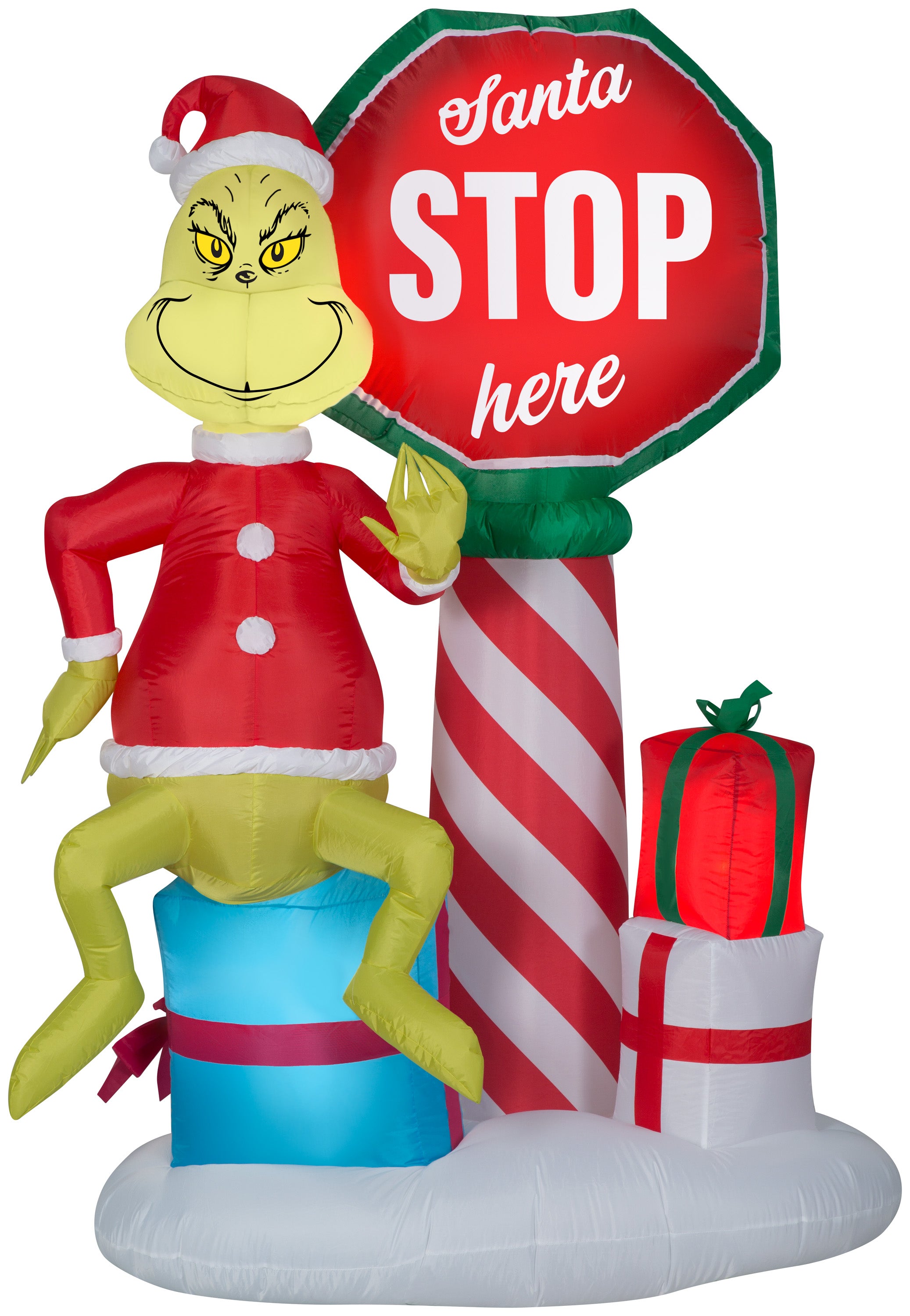 Gemmy 6' Airblown Inflatable Grinch w/Santa Stop Here Sign w/LEDs Scene