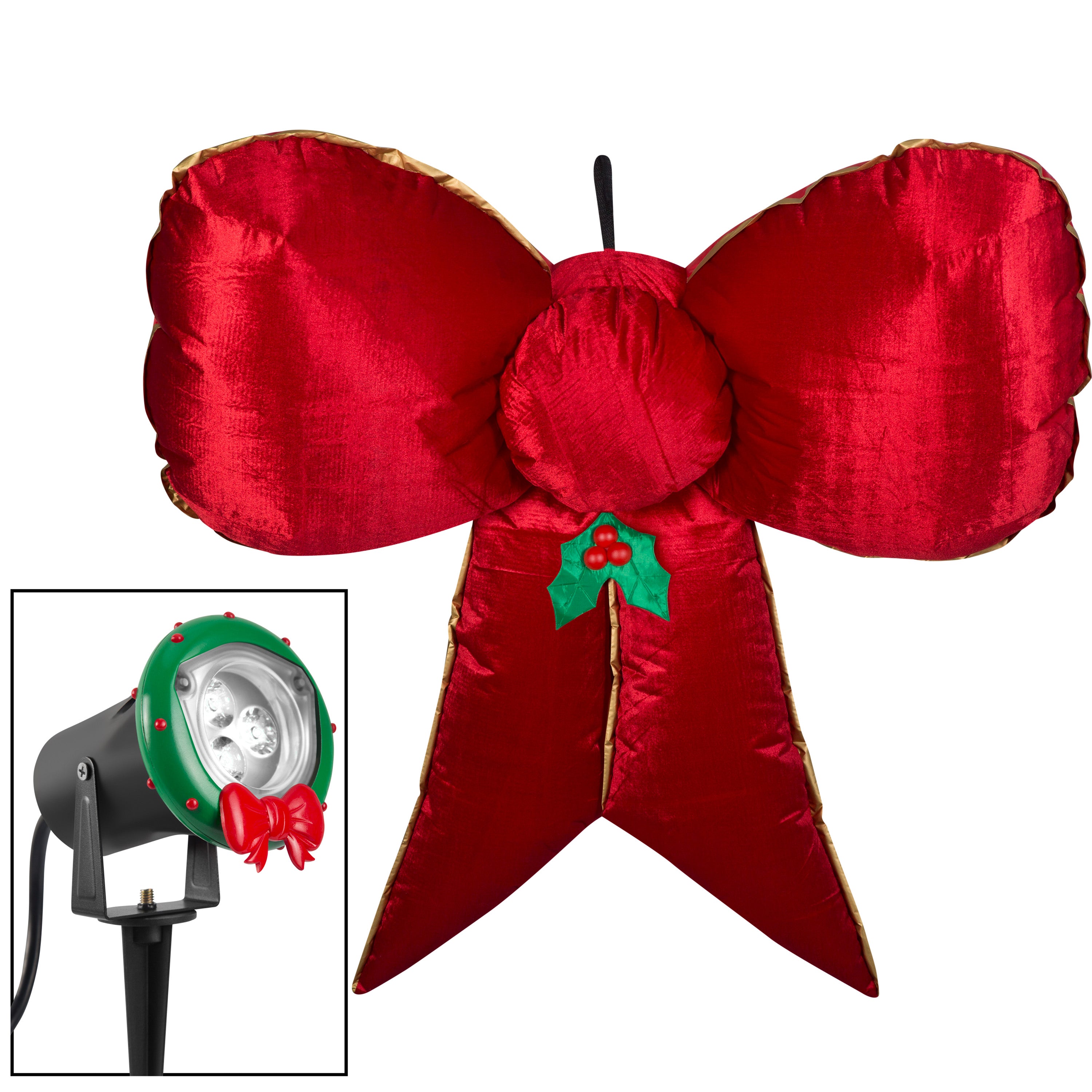 Gemmy Christmas Airblown Inflatable Mixed Media Hanging Velvet Bow Red/Gold w/External Spotlight