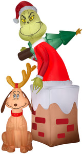 Gemmy Christmas Airblown Inflatable Grinch in Chimney w/Max Scene Dr. Seuss, 5.5 ft Tall