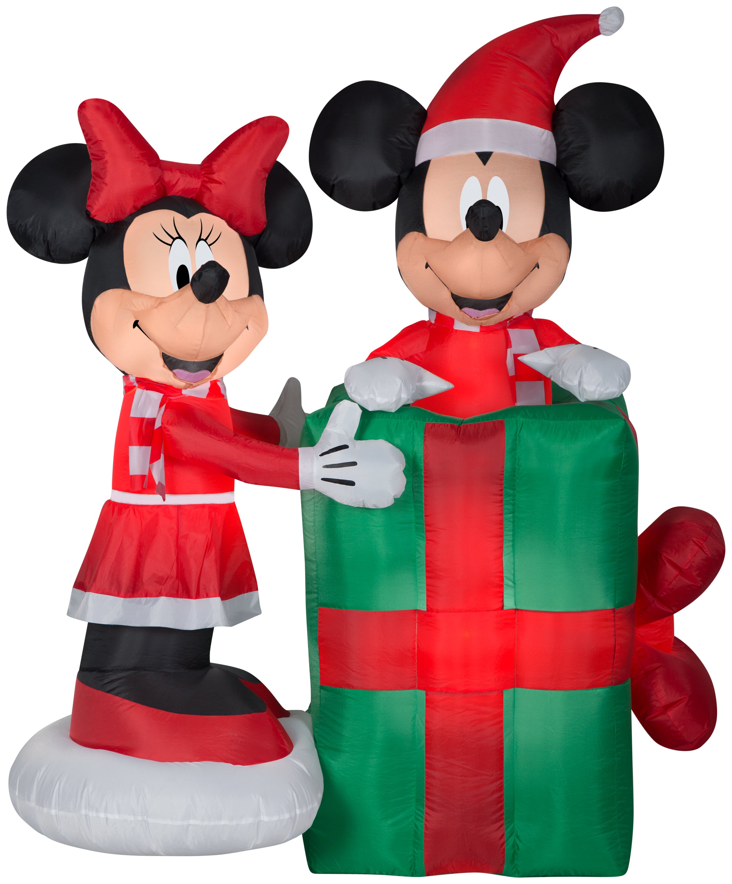 5' Animated Airblown Inflatable Minnie with Mickey Popping Out of Present Scene