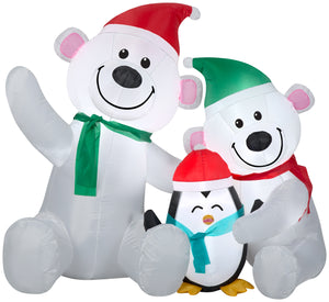 Gemmy Christmas Airblown Inflatable Polar Bear family w/Penguin Scene, 3.5 ft Tall, White
