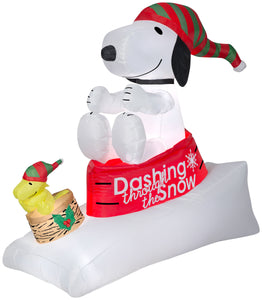 Gemmy Christmas Airblown Inflatable Snoopy and Woodstock in Sled Scene Peanuts , 4 ft Tall