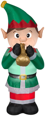 Load image into Gallery viewer, Gemmy Animated Christmas Airblown Inflatable Mixed Media Elf Playing Trumpet, 4 ft Tall, Green
