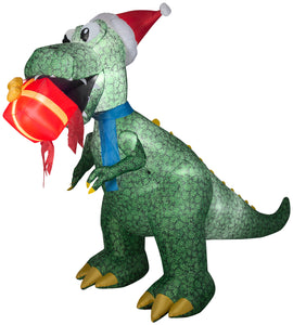 Gemmy Animated Christmas Airblown Inflatable T Rex w/Present, 7.5 ft Tall
