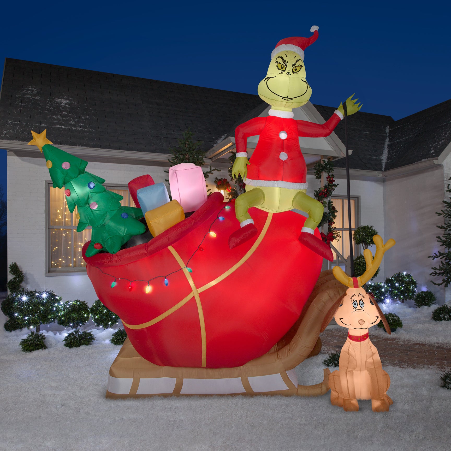 12' Airblown Grinch and Max in Sleigh Colossal Scene Grinch Christmas ...