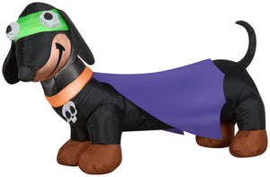 Gemmy Airblown Weiner Dog Treater w/Cape and Skull Collar, 2.5 ft Tall, Multicolored