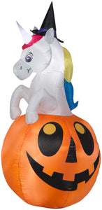 Gemmy Airblown Unicorn w/Colorchanging Horn out of Pumpkin Scene (RGB), 5 ft Tall, Multicolored