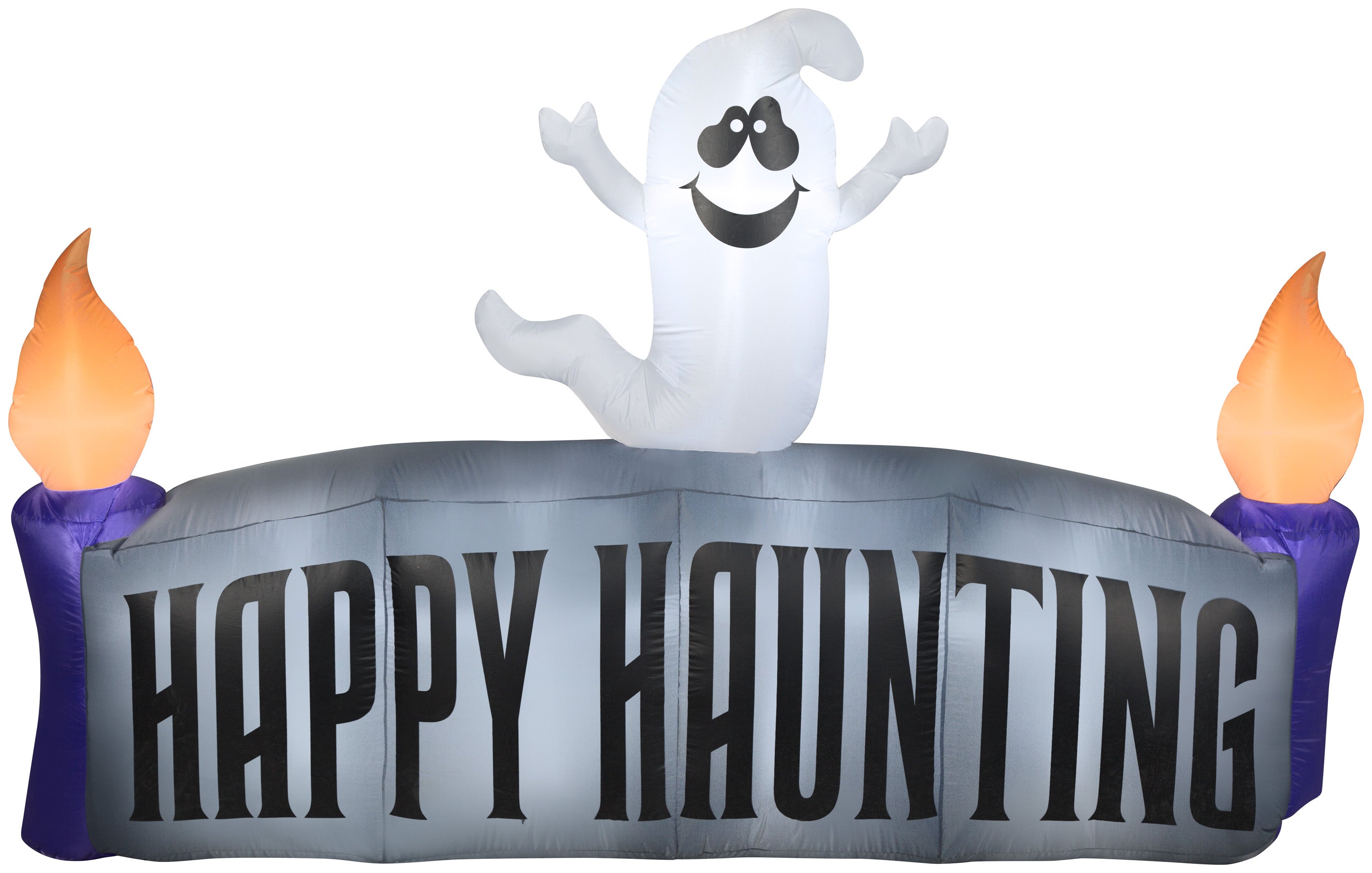 Gemmy Christmas Airblown Inflatable Ghost w/Happy Haunting Sign Scene, 5 ft Tall, Grey