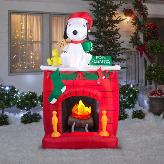 7' Projection Snoopy on Fireplace Scene Peanuts Christmas Inflatable
