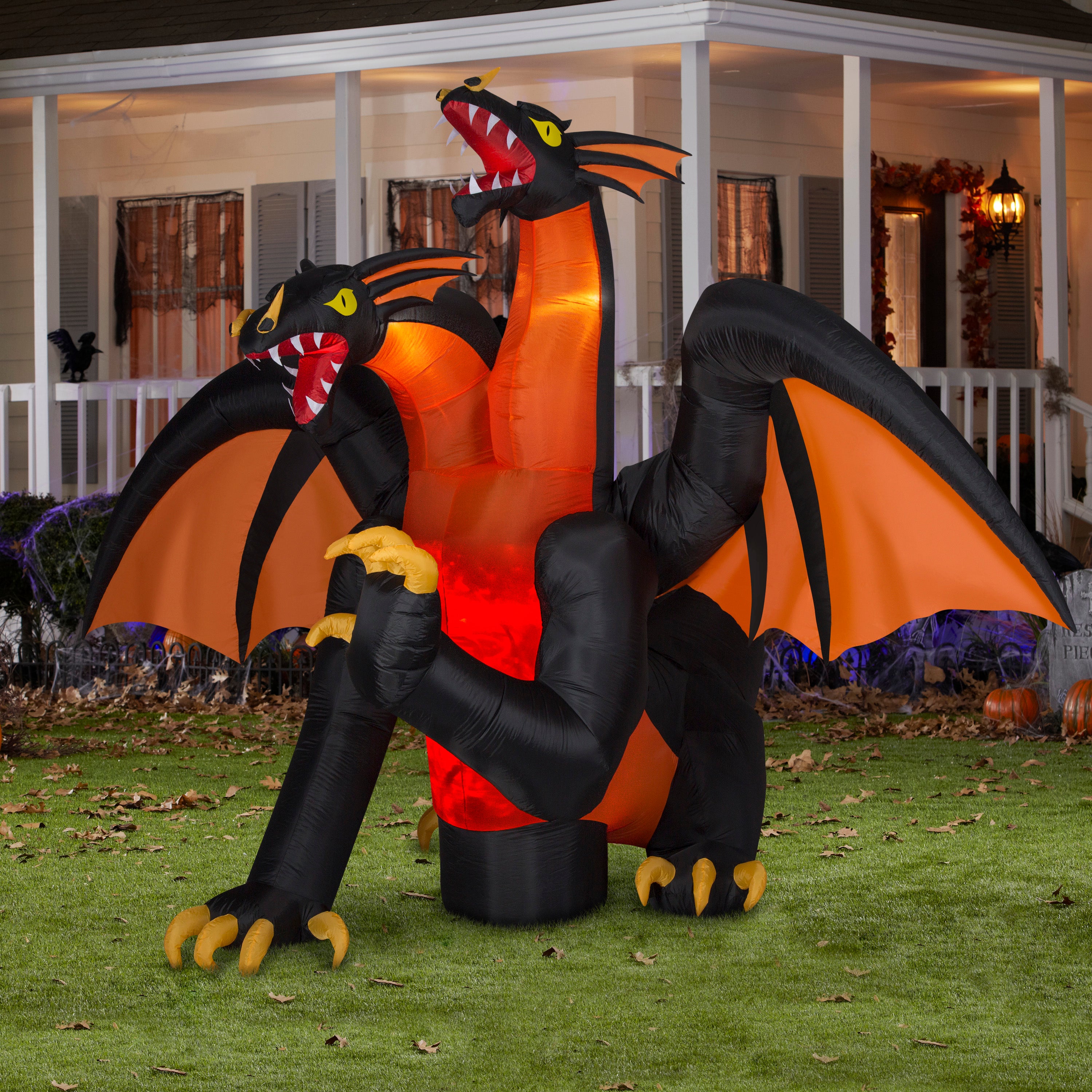 11' Wide Animated Projection Airblown Fire & Ice Two Headed Dragon Halloween Inflatable