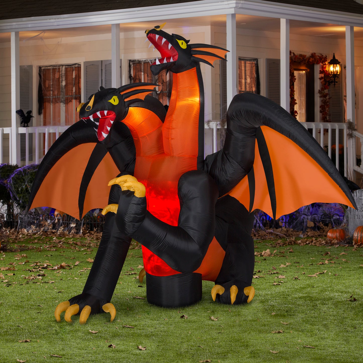 11' Wide Animated Projection Fire & Ice Two Headed Dragon Halloween Inflatable