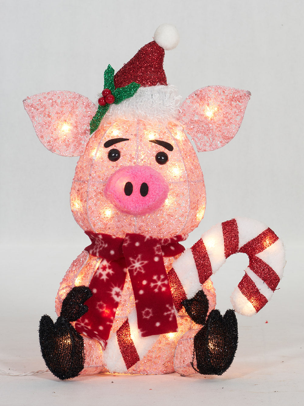 20" UL Glittering Thread Pig With Candy Cane Sculpture