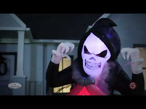 6' Animated Projection Airblown Fog Effect Fire & Ice-Shaking Reaper w/ Tombstone and Pumpkin Scene Halloween Inflatable